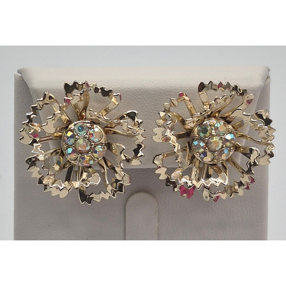Vintage Sarah Coventry Earrings Signed Clip On Gold Tone AB Rhinestone